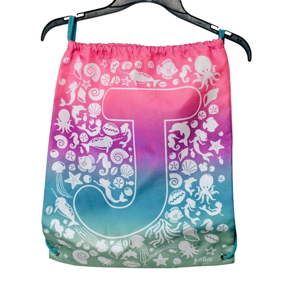Justice Drawstring Backpack Pink Blue Initial J Ombre Swim Gym Sports Bag NEW